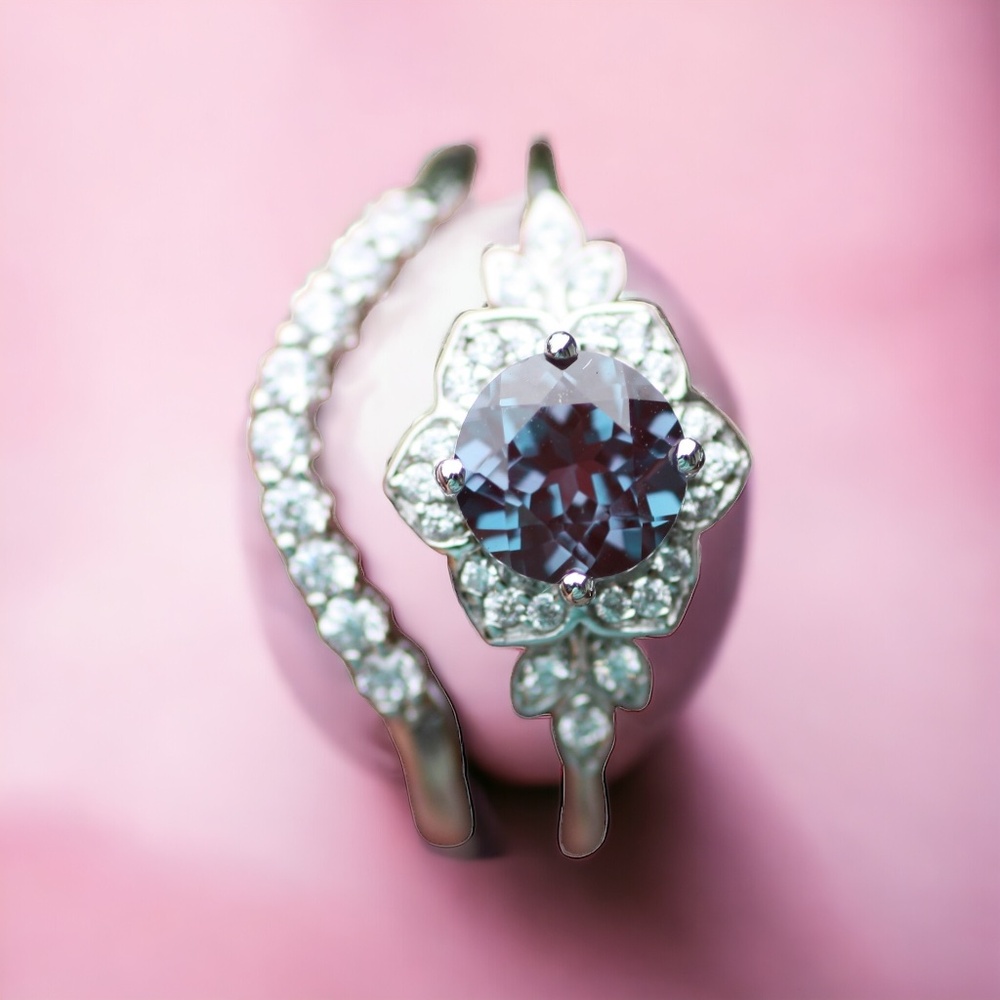 New Color Change Alexandrite Ring Wedding Set in Solid 10K White Gold - Size 7